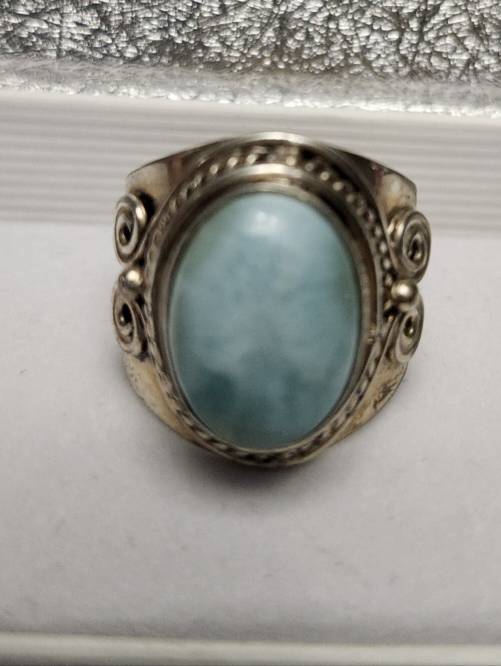 Sterling Silver 925 Larimar Oval Statement Ring - Light Blue 11.64 Grams Size 10